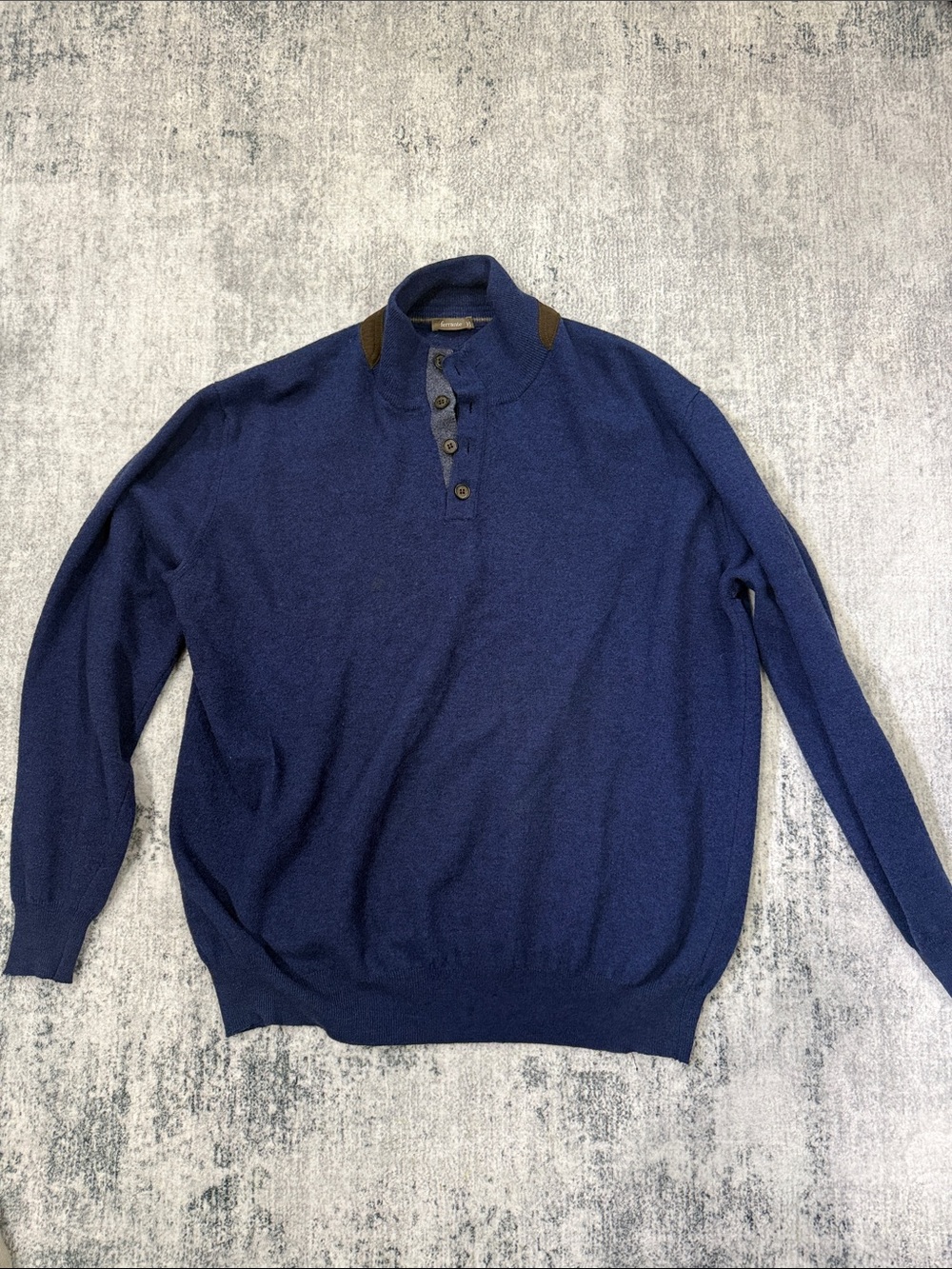 Men's Navy Button-Up Henley Sweater with Elbow Patch